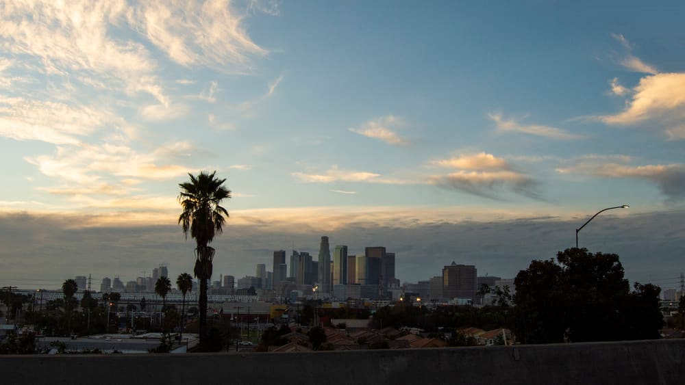 The downtown Los Angeles skyline seen from the 101 freeway on a clear winter day
