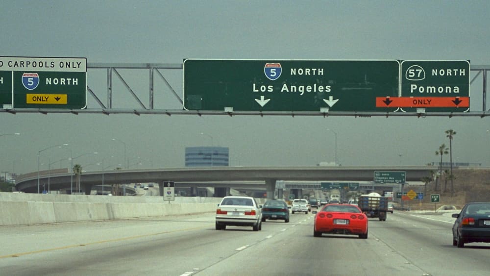 Northbound Interstate 5 approaching the Orange Crush interchange, where the 5, 22 and 57 meet